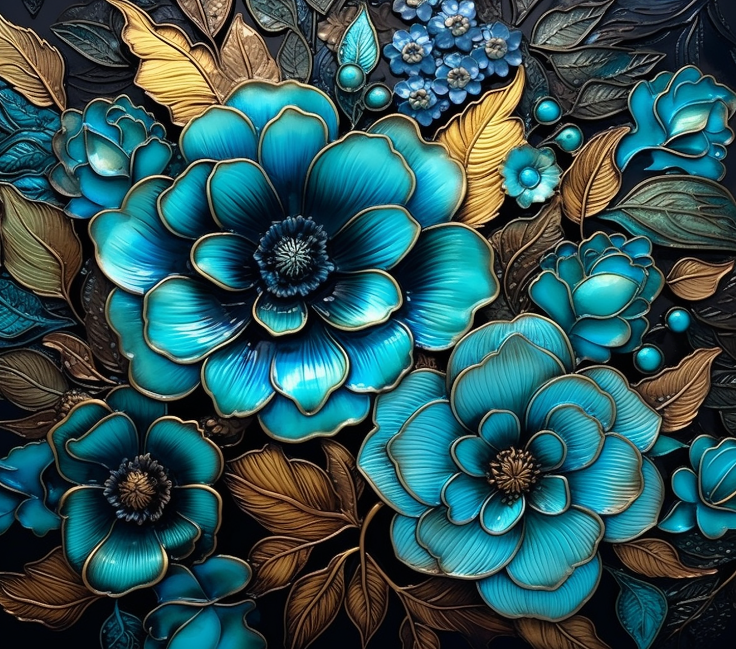 3D BLUE GOLD FLOWERS