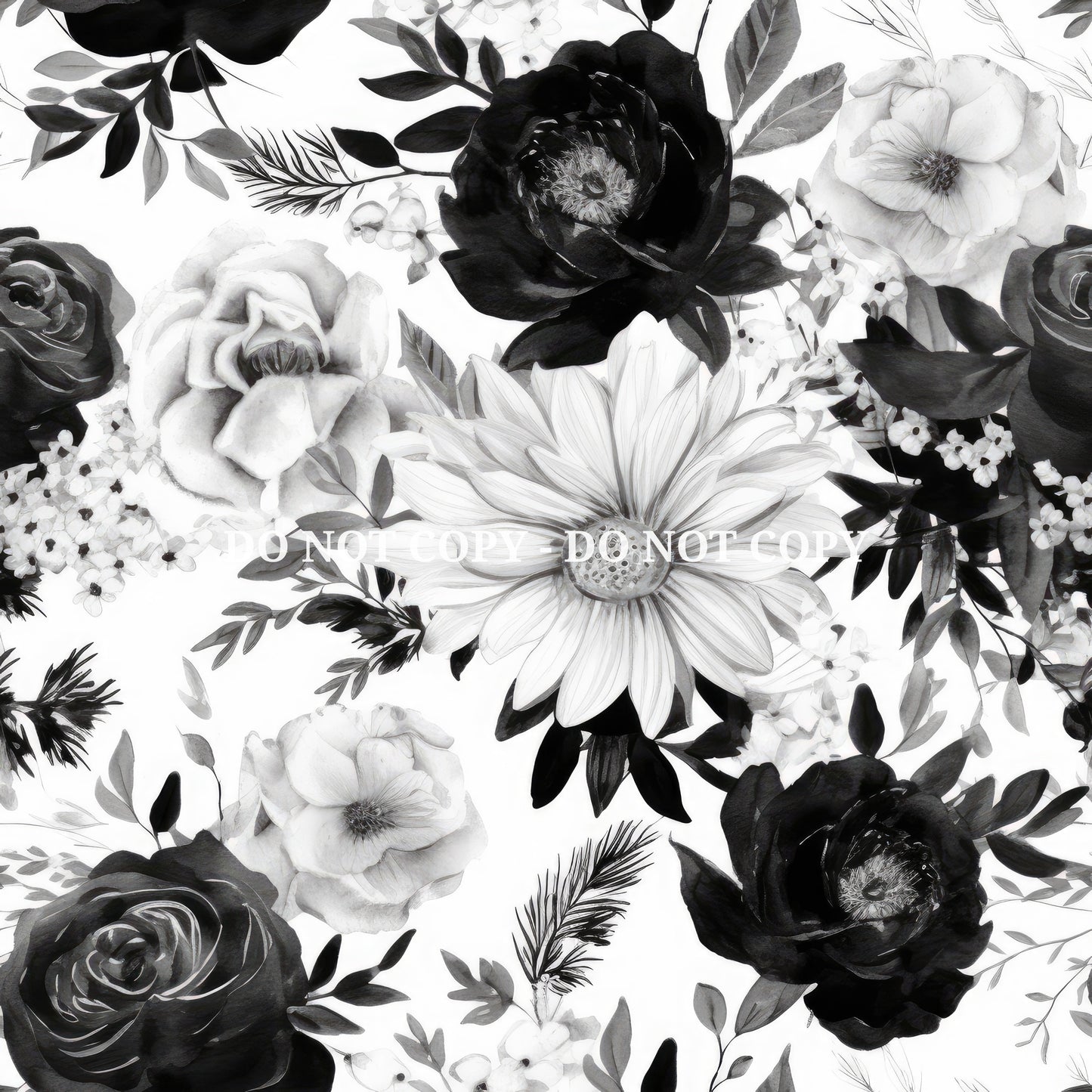 BLACK AND WHITE WATERCOLOR FLORALS PATTERN VINYL - MULTIPLE VARIATIONS