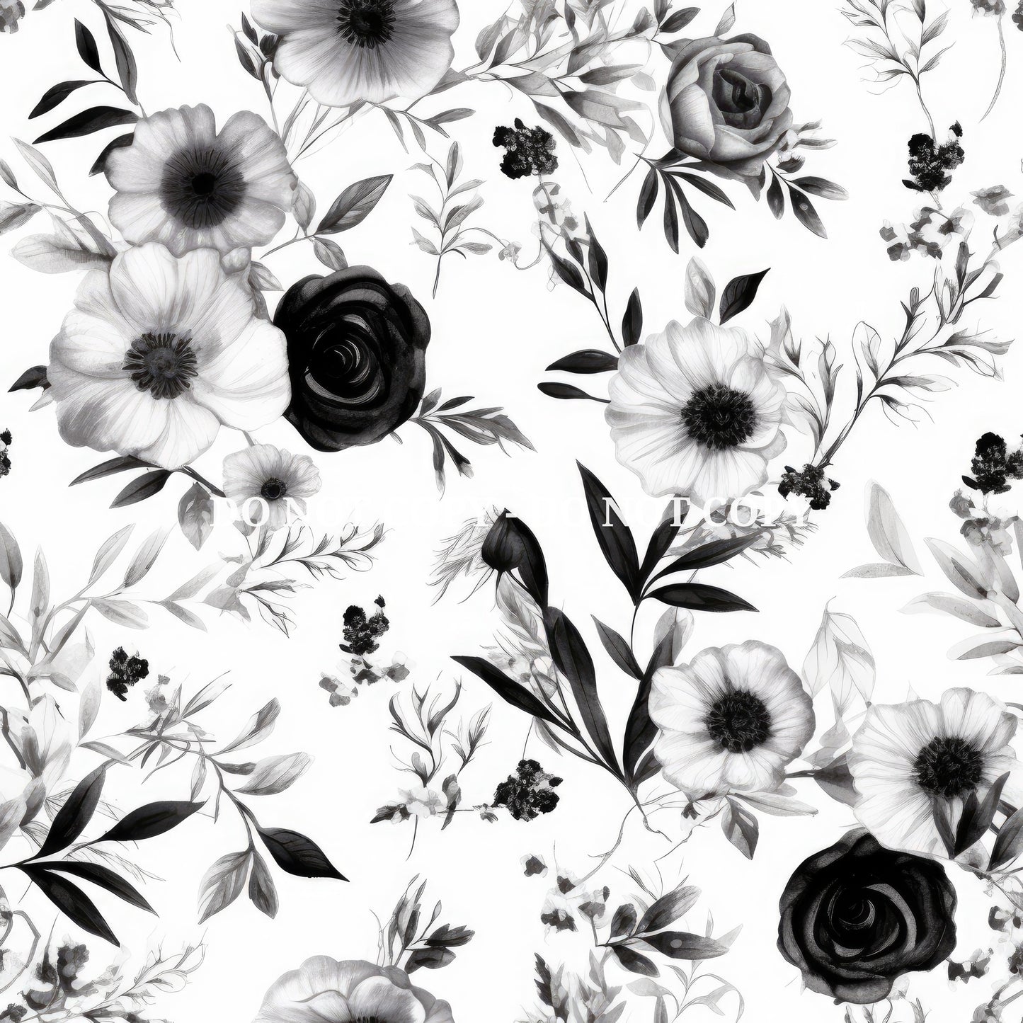 BLACK AND WHITE WATERCOLOR FLORALS PATTERN VINYL - MULTIPLE VARIATIONS